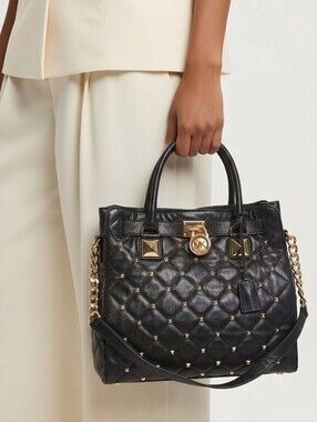 Michael Kors Hamilton Quilted Studded Leather Satchel Black Gold Hardware
